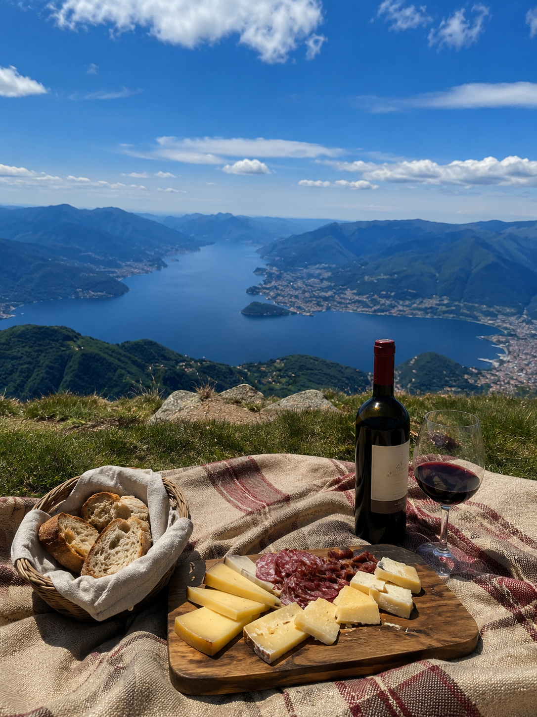 Cheese board and wine overlooking Lake Como